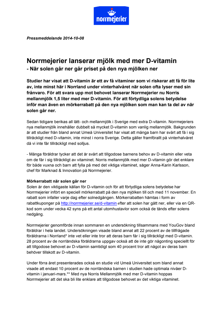 Norrmejerier lanserar mjölk med mer D-vitamin - När solen går ner går priset på den nya mjölken ner