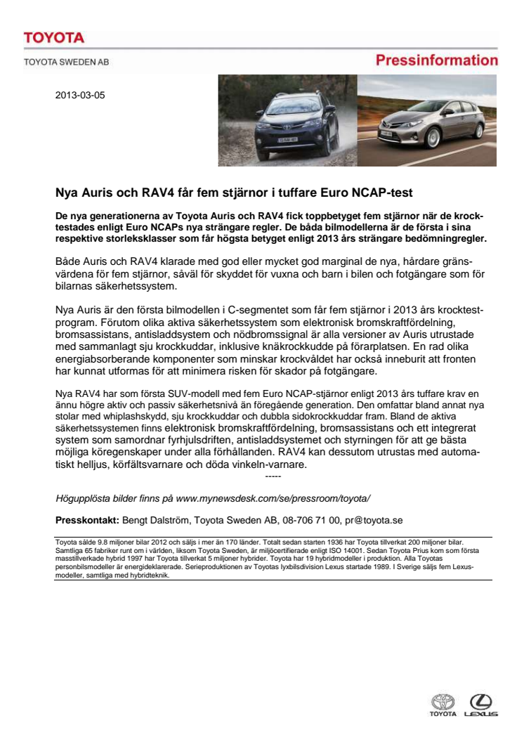 Nya Auris och RAV4 får fem stjärnor i tuffare Euro NCAP-test