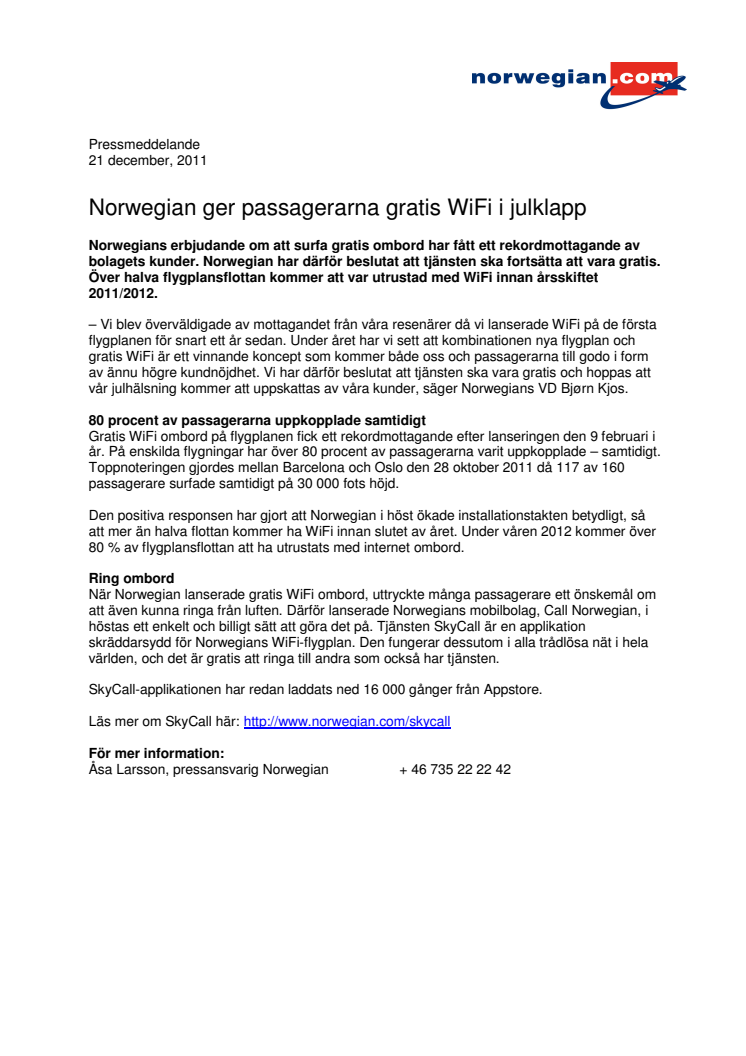 Norwegian ger passagerarna gratis WiFi i julklapp