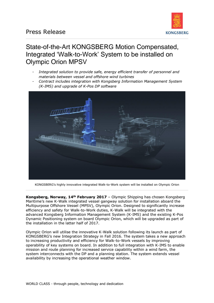 Kongsberg Maritime: State-of-the-Art KONGSBERG Motion Compensated, Integrated ‘Walk-to-Work’ System to be installed on Olympic Orion MPSV