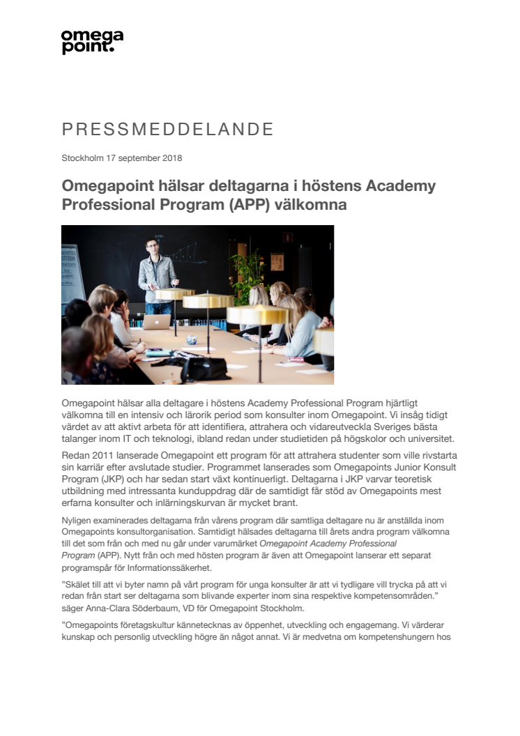 ​Omegapoint välkomnar deltagarna i höstens Academy Professional Program (APP)