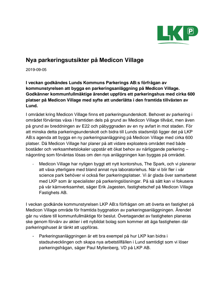 Nya parkeringsutsikter på Medicon Village