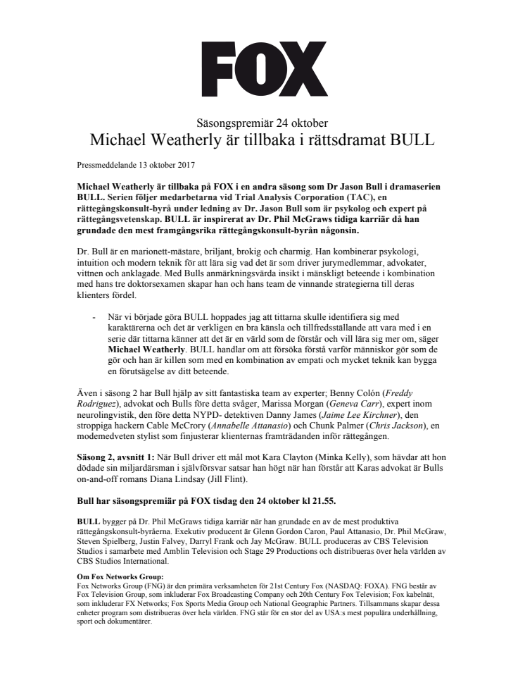 Michael Weatherly är tillbaka i rättsdramat BULL - Säsongspremiär på FOX tisdag den 24 oktober kl 21.55