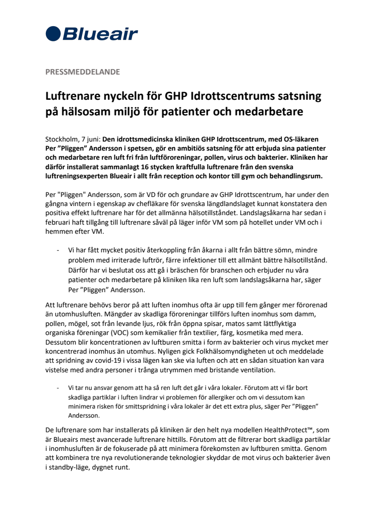 Luftrenare nyckeln för GHP Idrottscentrums satsning på hälsosam miljö för patienter och medarbetare