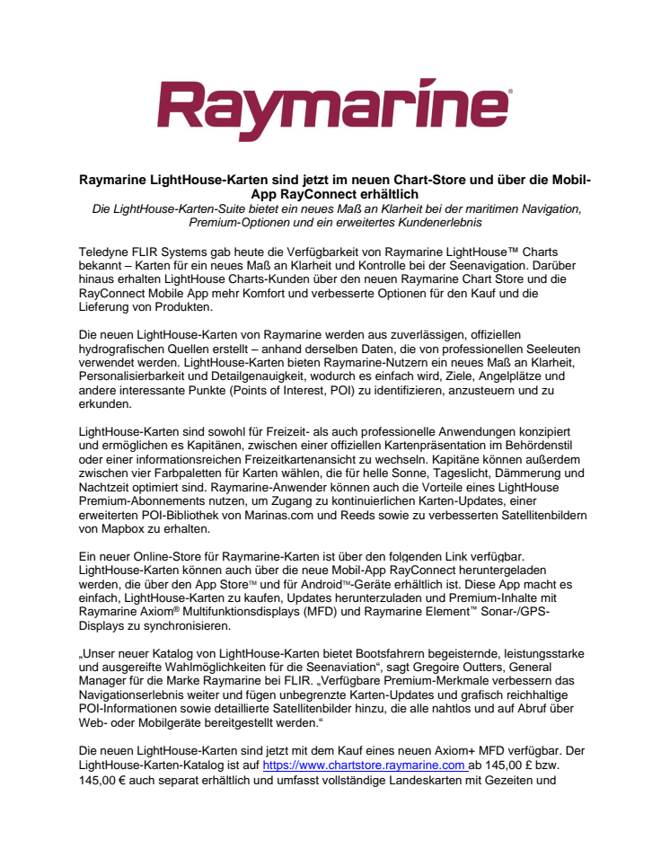 Raymarine LightHouse-Karten sind jetzt im neuen Chart-Store und über die Mobil-App RayConnect erhältlich