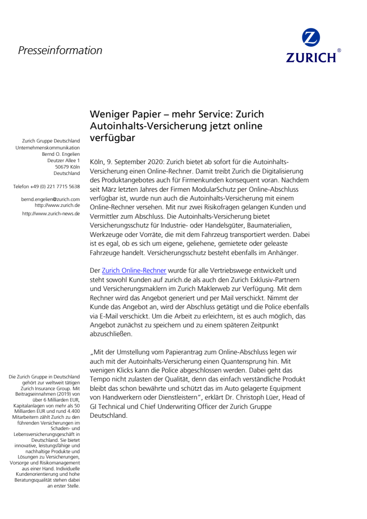 Weniger Papier – mehr Service: Zurich Autoinhalts-Versicherung jetzt online verfügbar