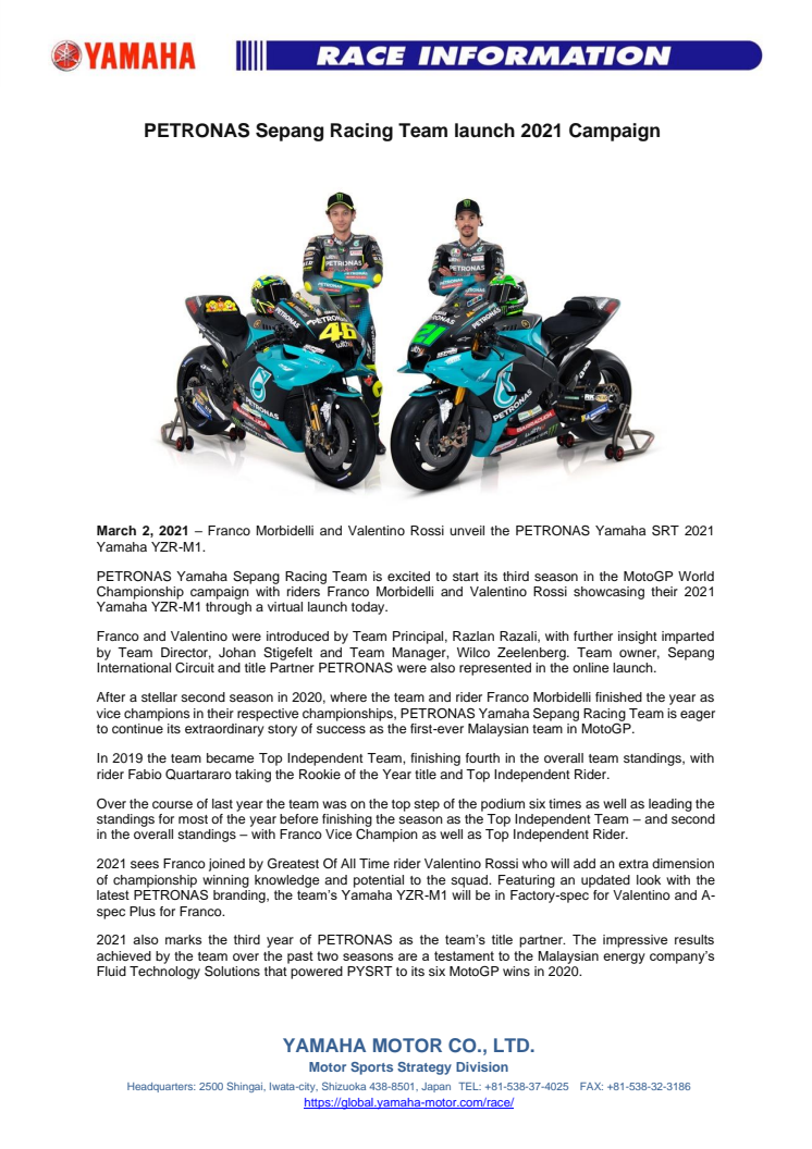 PETRONAS Sepang Racing Team launch 2021 Campaign