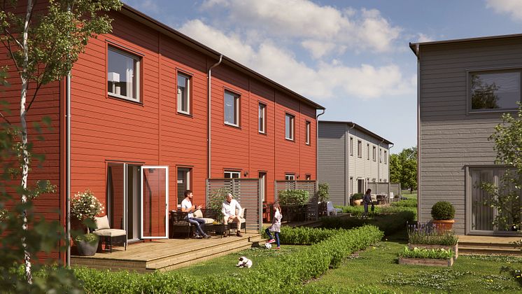Illustration av trädgårdssida med altan & grästäppa, BoKlok Lotsen, Luleå. 
