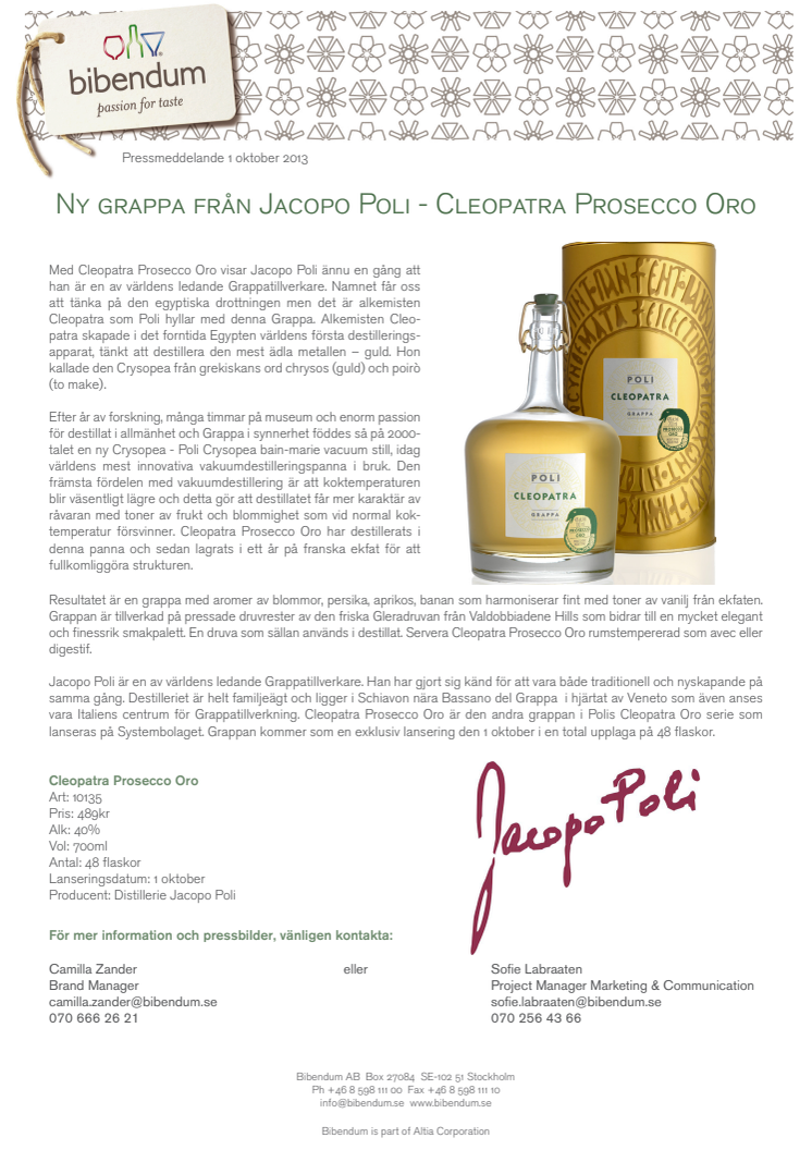 Ny grappa från Jacopo Poli - Cleopatra Prosecco Oro