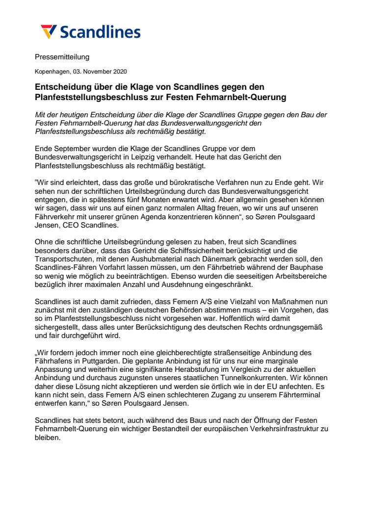 Entscheidung über die Klage von Scandlines gegen den Planfeststellungsbeschluss zur Festen Fehmarnbelt-Querung