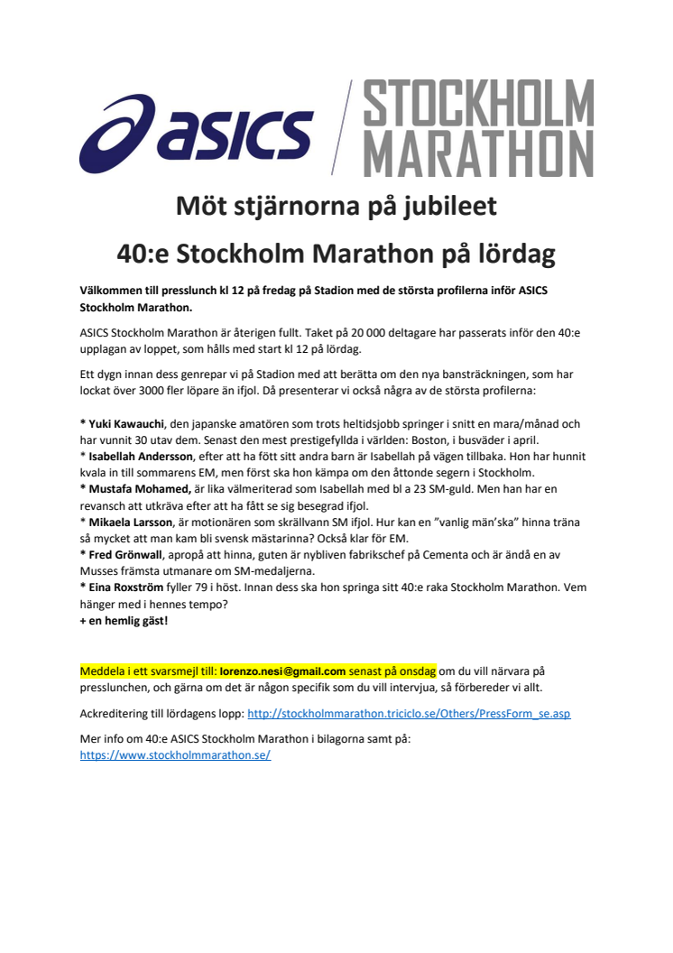 All info om 40e ASICS Stockholmmarathon och inbjudan till presskonferens