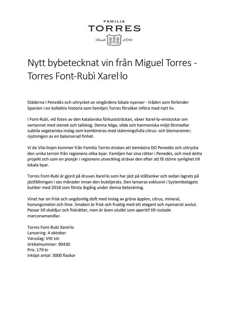 Nytt bybetecknat vin från Miguel Torres - Torres Font-Rubì Xarel-lo