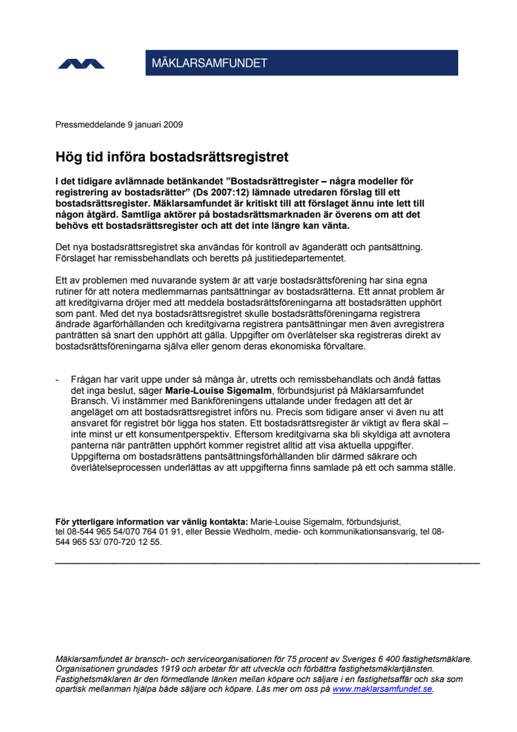 Hög tid införa bostadsrättsregistret