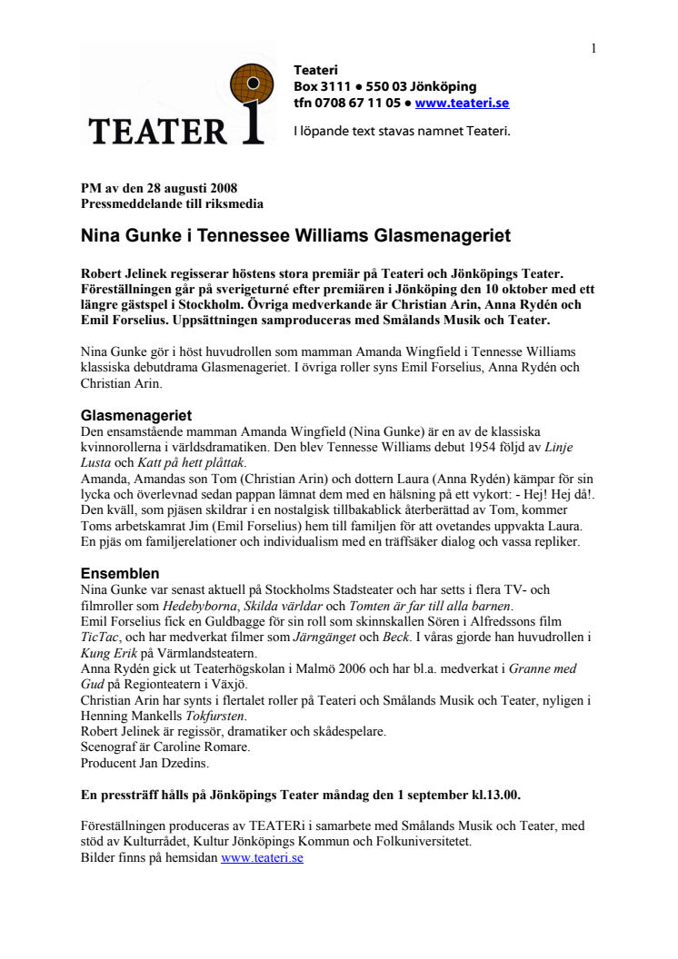 Nina Gunke i Tennessee Williams Glasmenageriet