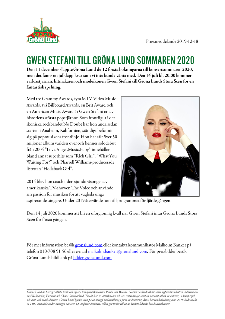 Gwen Stefani till Gröna Lund sommaren 2020