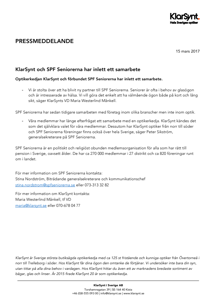 KlarSynt och SPF Seniorerna har inlett ett samarbete