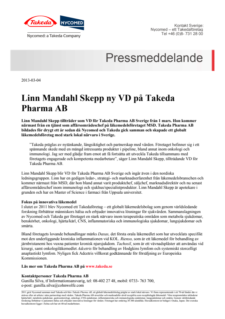 Linn Mandahl Skepp ny VD på Takeda Pharma AB