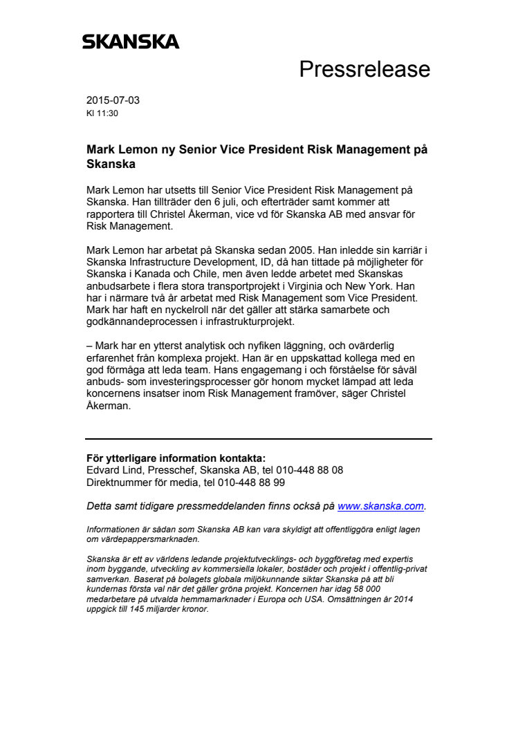 Mark Lemon ny Senior Vice President Risk Management på Skanska
