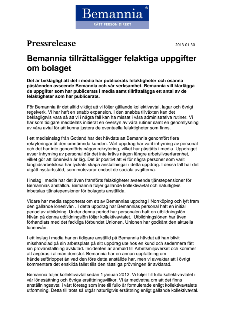 Bemannia tillrättalägger felaktiga uppgifter om bolaget