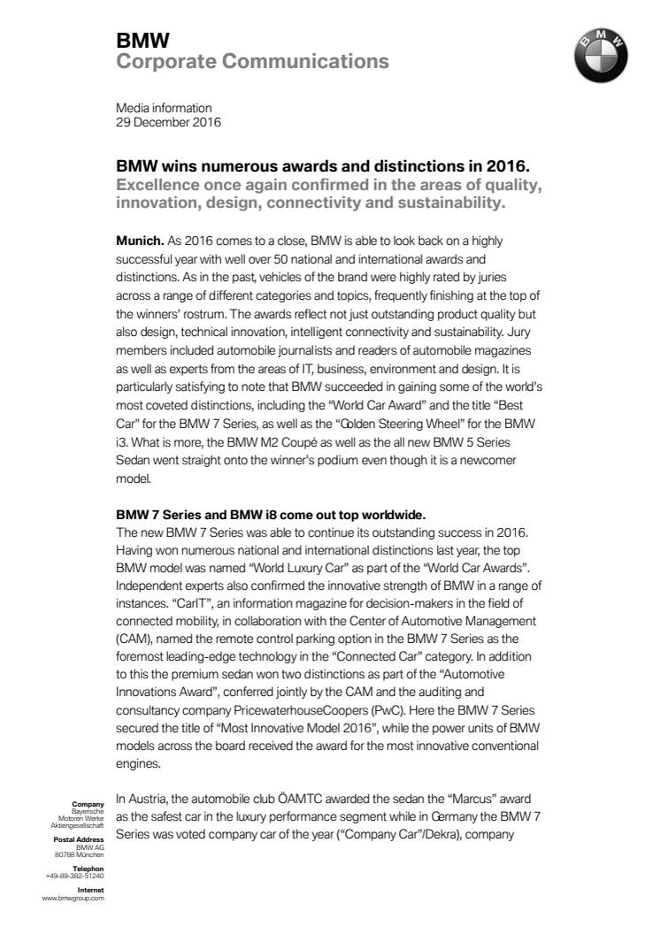BMW wins numerous awards and distinctions in 2016