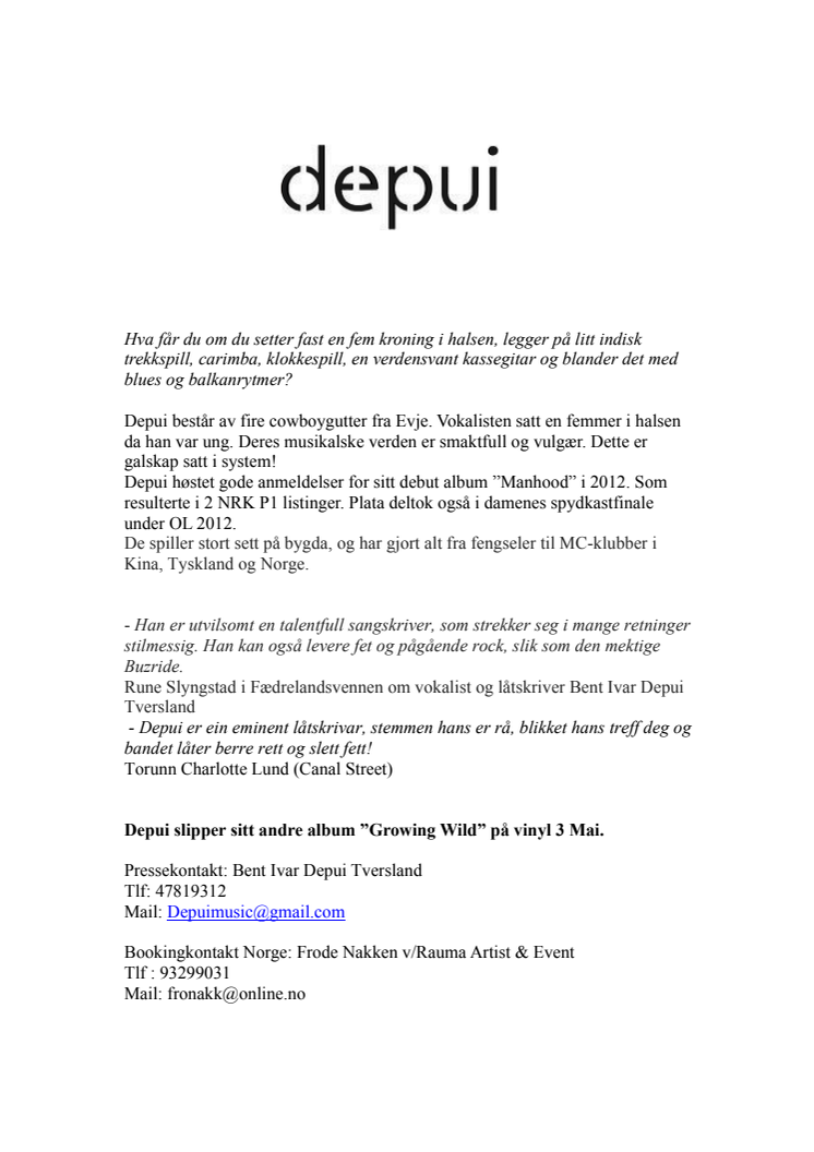 Depui kommer hjem fra Tyskland, og spiller Off:Larm på Torsdag