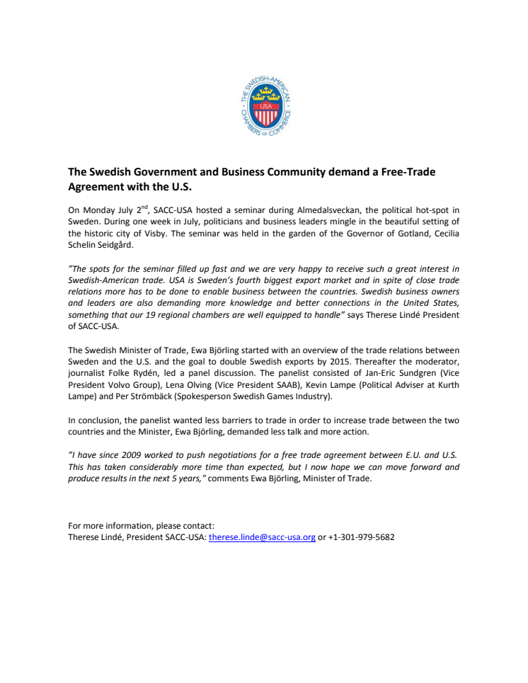 The Swedish Government and Business Community Demand a Free-Trade Agreement with the U.S.
