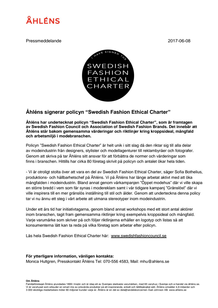 Åhléns signerar policyn “Swedish Fashion Ethical Charter”
