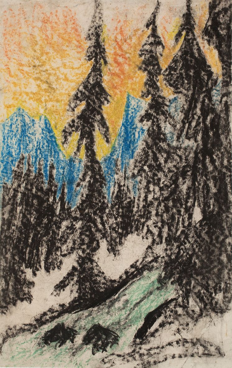 Carl Fredrik Hill, Granskog, odaterad. Krita på papper, 36,5 x 22,5 cm. 