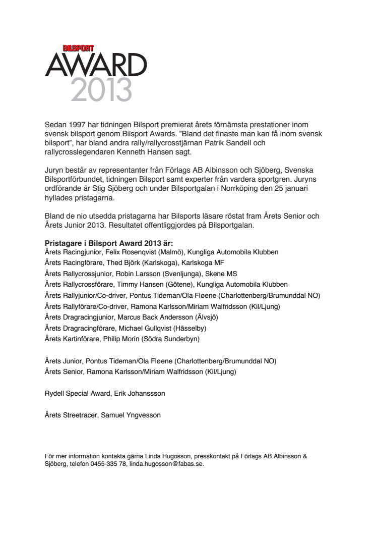 Samtliga pristagare i Bilsport Award 2013