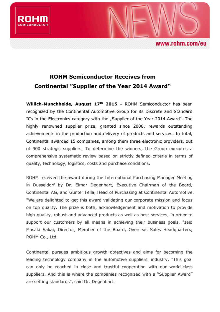 ROHM Semiconductor Receives from Continental ”Supplier of the Year 2014 Award“ 