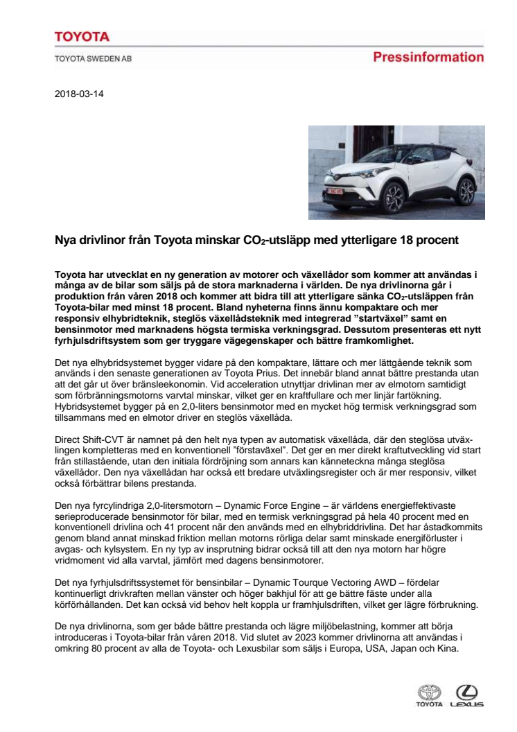 Nya drivlinor från Toyota minskar CO2-utsläpp med ytterligare 18 procent