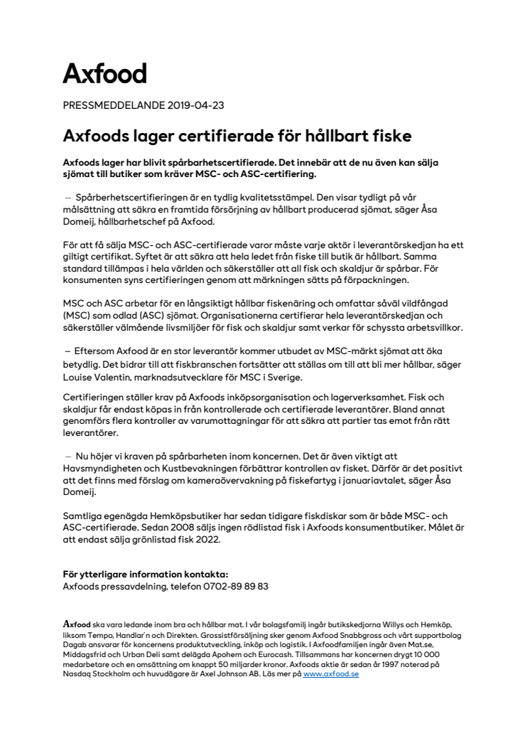 Axfoods lager certifierade för hållbart fiske