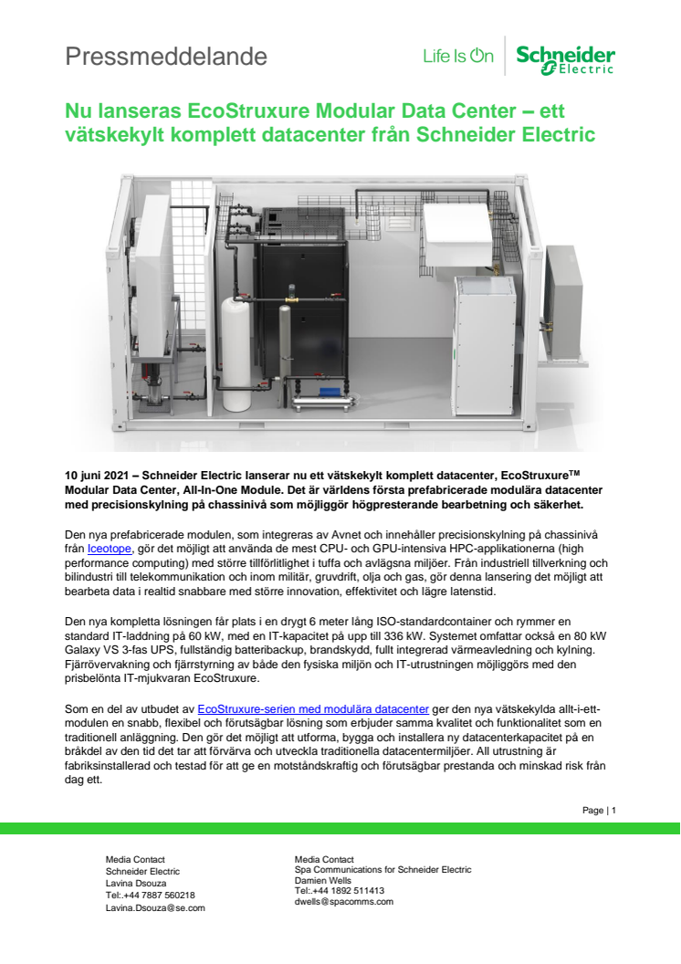 Nu lanseras EcoStruxure Modular Data Center – ett vätskekylt komplett datacenter från Schneider Electric