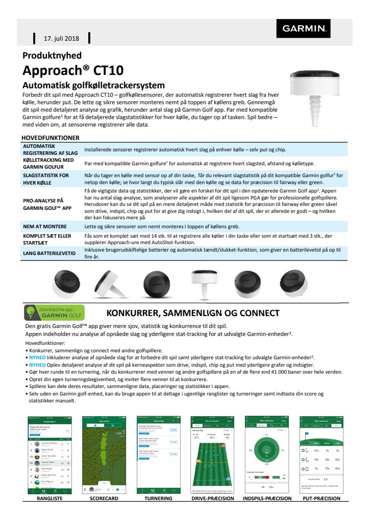 Garmin introducerer Approach® CT10 golfkøllesensorer