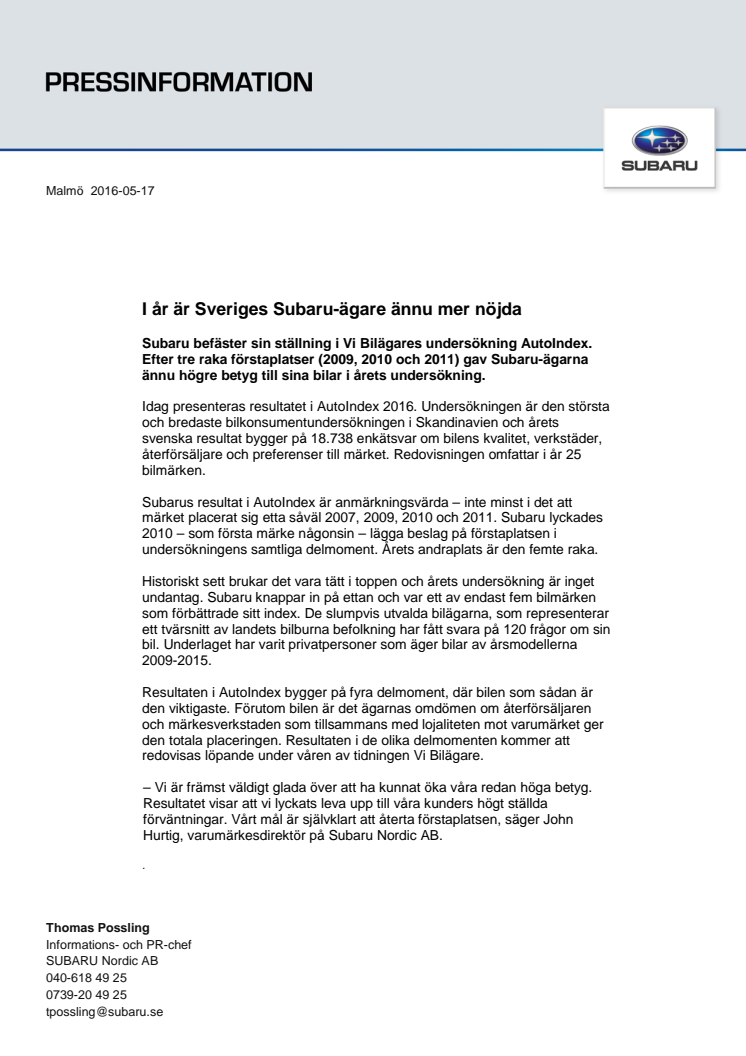 ​​​​​​​I år är Sveriges Subaru-ägare ännu mer nöjda