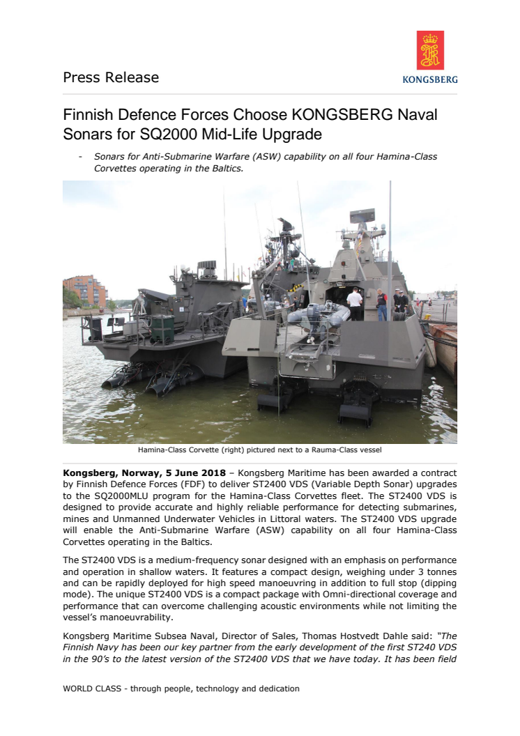 Kongsberg Maritime: Finnish Defence Forces Choose KONGSBERG Naval Sonars for SQ2000 Mid-Life Upgrade