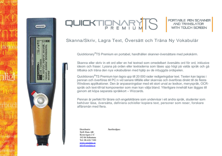 XnX Data AB lanserar översättningspennan Quicktionary®TS från WizcomTech LTD 