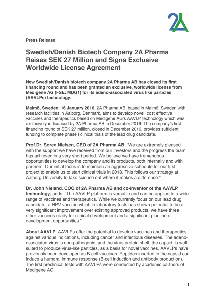 Swedish/Danish Biotech Company 2A Pharma Raises SEK 27 Million and Signs Exclusive Worldwide License Agreement