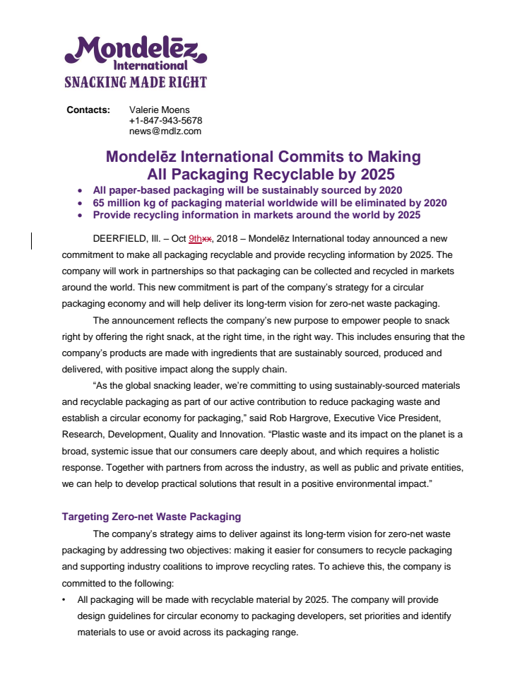 Mondelēz International forplikter seg til å gjøre all emballasje resirkulerbar innen 2025 
