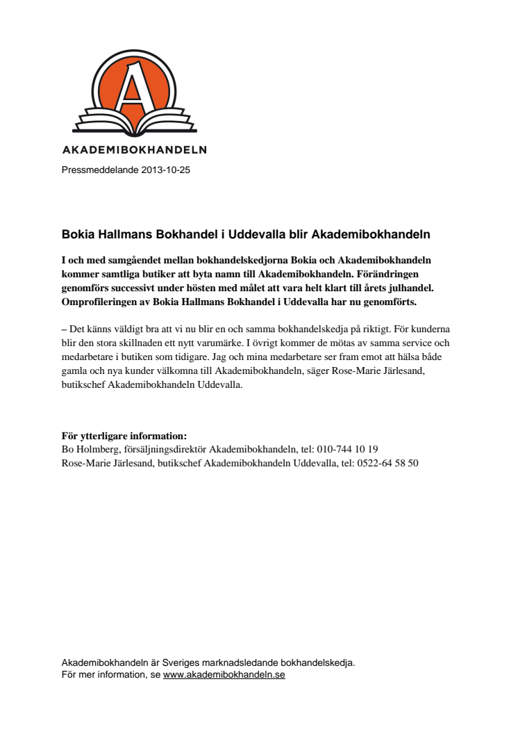 Bokia Hallmans Bokhandel i Uddevalla blir Akademibokhandeln 