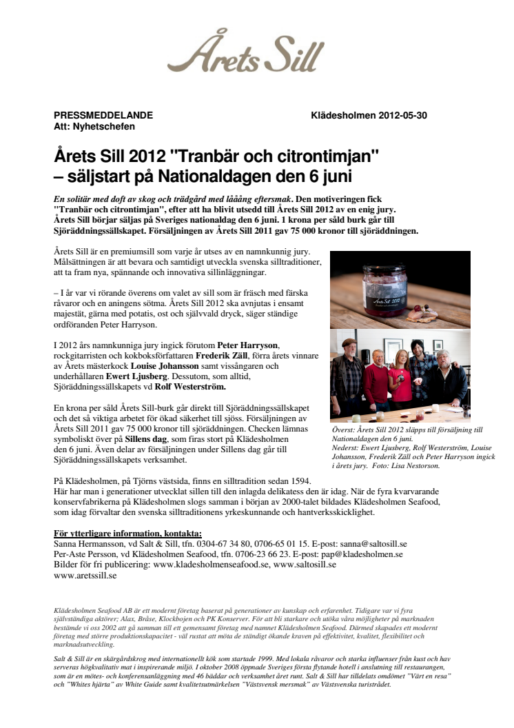 Årets Sill 2012 "Tranbär och citrontimjan" – säljstart på Nationaldagen den 6 juni  