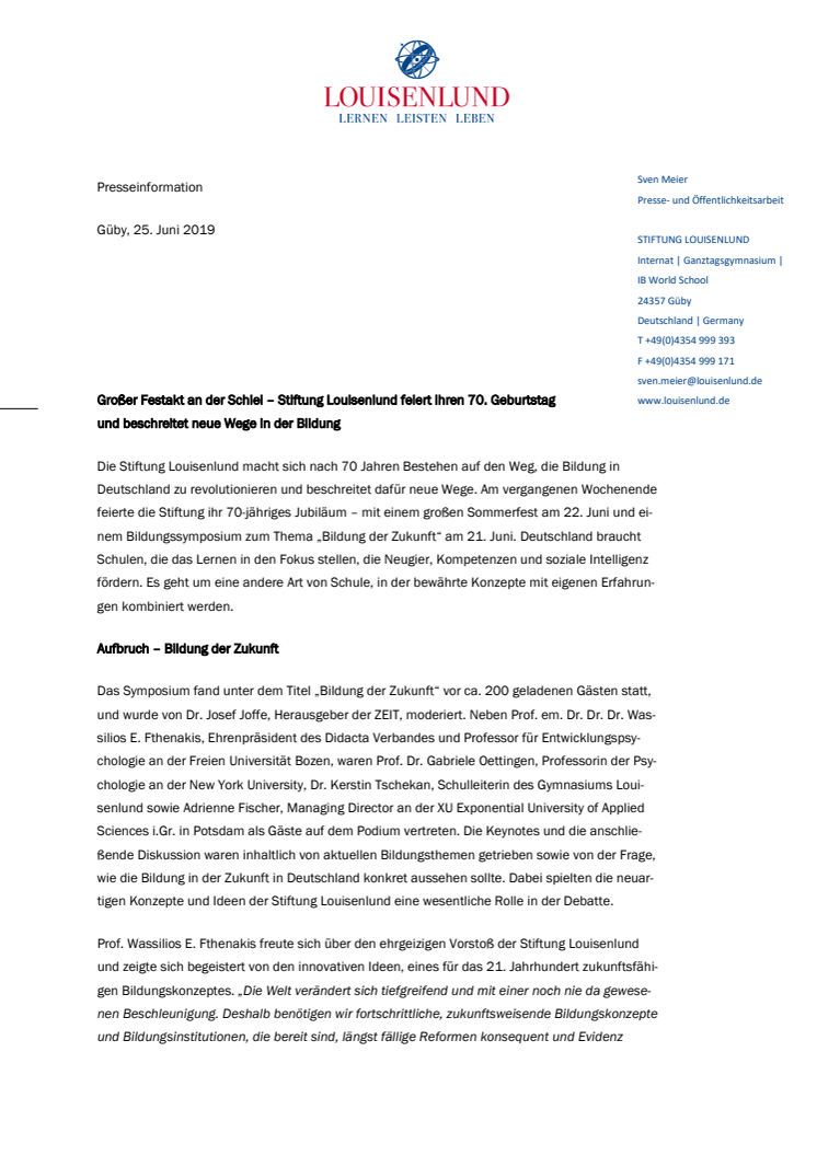 Großer Festakt an der Schlei – Stiftung Louisenlund feiert ihren 70. Geburtstag  und beschreitet neue Wege in der Bildung