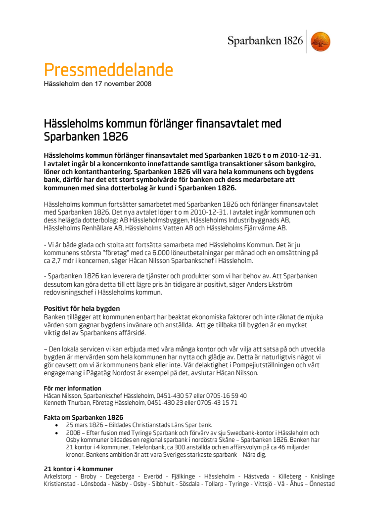 Hässleholms kommun förlänger finansavtalet med Sparbanken 1826