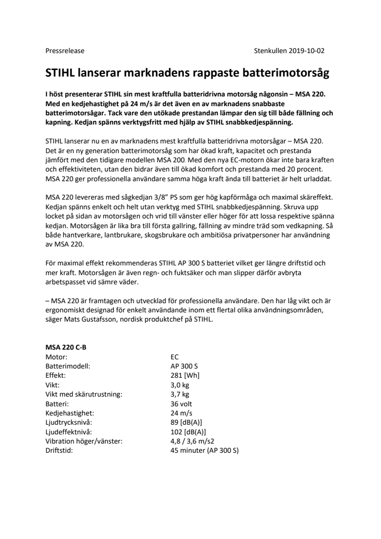 STIHL lanserar marknadens rappaste batterimotorsåg