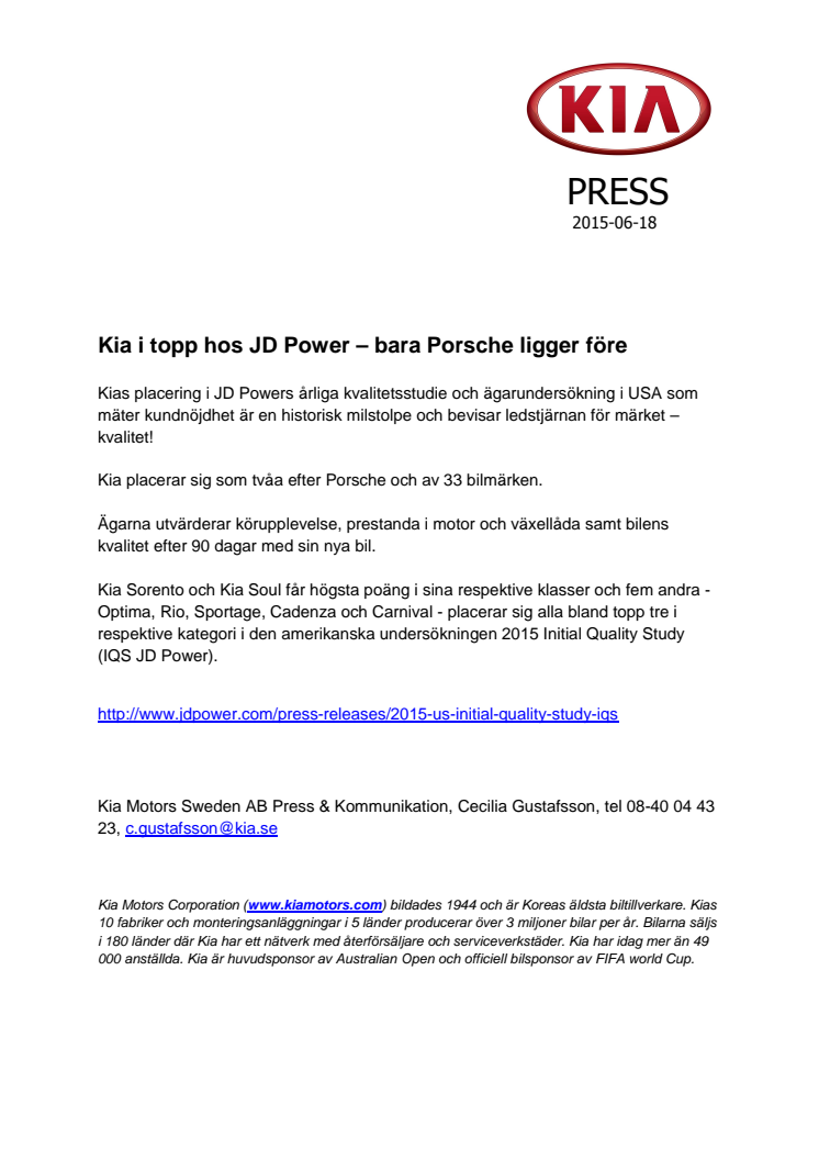 Kia i topp hos JD Power – bara Porsche ligger före