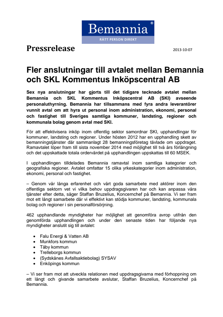Fler anslutningar till avtalet mellan Bemannia och SKL Kommentus Inköpscentral AB