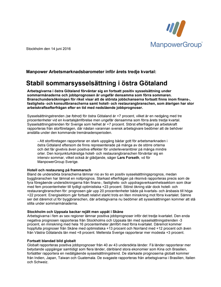 Stabil sommarsysselsättning i östra Götaland