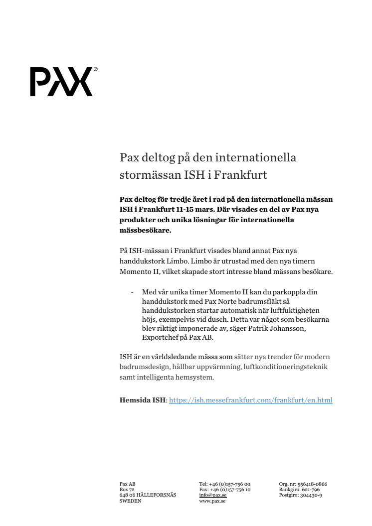 Pax deltog på den internationella stormässan ISH i Frankfurt