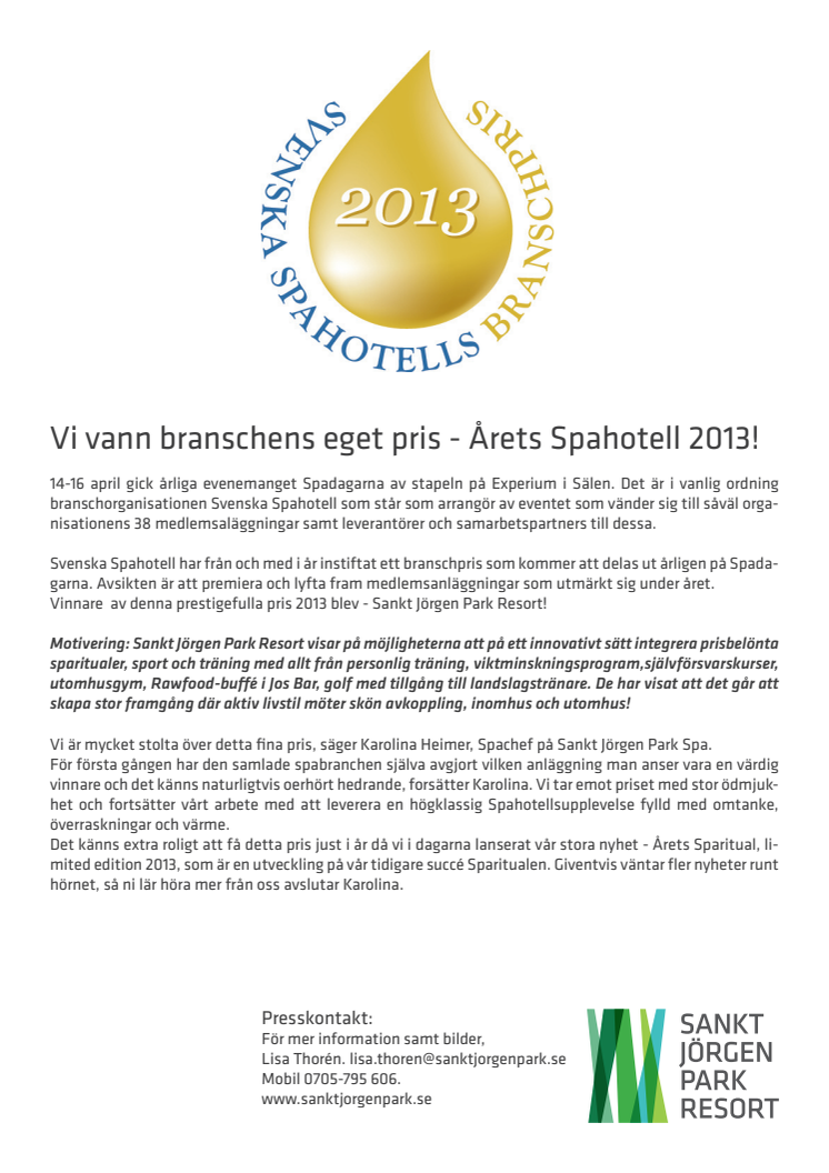 Vi vann branschens eget pris - Årets Spahotell 2013!