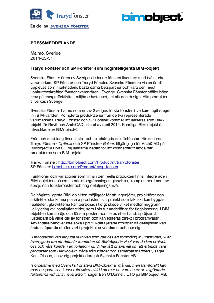 Traryd Fönster och SP Fönster som högintelligenta BIM-objekt